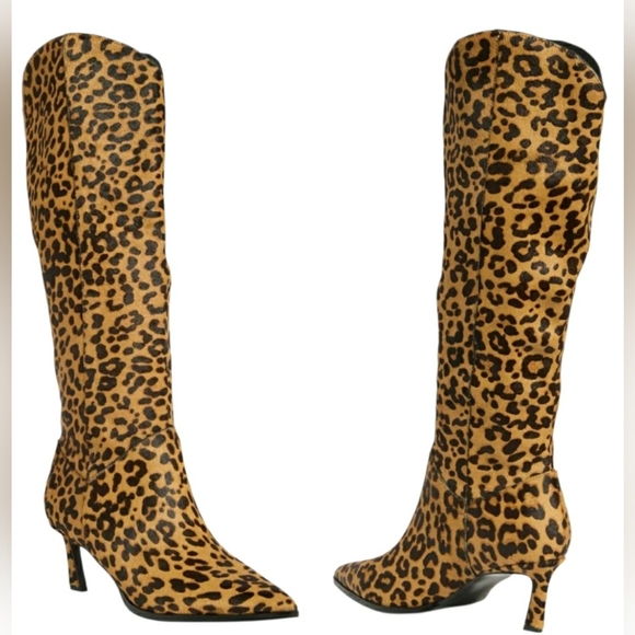 SM Western 7.5 Leopard Print Retro Chic Knee-High Kitten Heel Pull On Boots New - Picture 1 of 4